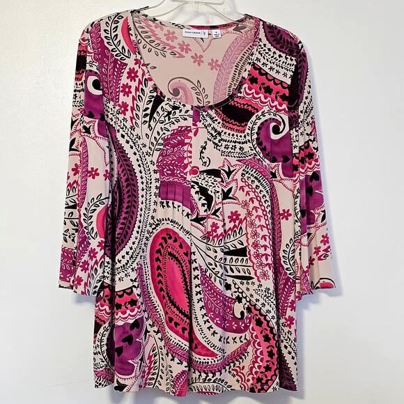 Susan Graver Pink Paisley Popover Blouse with Flare Sleeves - Women's Size M - Picture 3 of 7